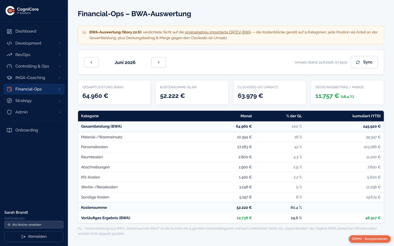 Financial-Ops – BWA-Auswertung in CogniCore OS